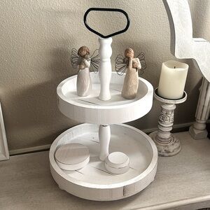Rustic Solid Wood White Two-Tiered Serving Tray Metal Handle.